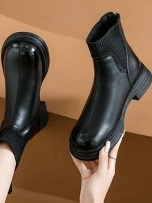 Women Princess Style Boots, British Slim Fit Stretch Knit Sock Ankle Chelsea Short Boots For All Seasons Daily Outfit - Black - View 2