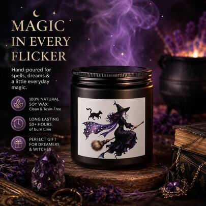 Magic Witch Black Jar Soy Candle, Witch Black Cat Illustration, Gothic Halloween Witch Enthusiast Exclusive Gift, Witch + Black Cat Broom Pattern, 50 Hours Long-Lasting Magic Witch Jar Candle, Dark Gothic Scent, Meditation Ritual Spiritual Space Fragrance