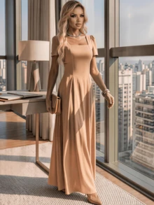 Long Dress With Short Sleeves, Square Neckline, Solid Color, Elegant, Sizes S M L - 卡其色 - 查看 5