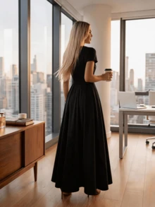 Long Dress With Short Sleeves, Square Neckline, Solid Color, Elegant, Sizes S M L - Black - View 3