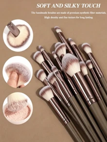Set de 15 piezas de brochas de maquillaje con mango dorado champán, cerdas sintéticas suaves para polvo, rubor, base, contorno, sombra de ojos, difuminado y cejas, kit completo de maquillaje facial, herramienta de belleza profesional para maquillaje diario y de salón - Multicolor - Ver 8