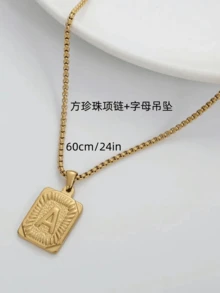 1件裝男士熱銷不鏽鋼方形字母 A-Z 26款字母吊墜項鍊，個性化嘻哈首飾 - 金黃色 - 查看 7
