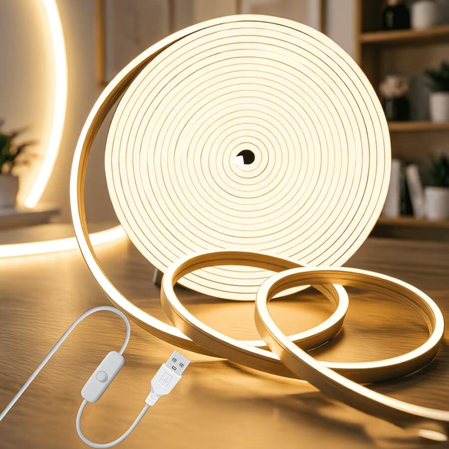 LQHZMYY 1m/2m/3m/4m/5m LED 霓虹裝飾燈條 附按鈕開關調光器 USB 介面 白色/暖白色 燈條可自由裁剪 柔性調光氛圍燈條 直播補光燈 化妝鏡 浴室鏡補光燈