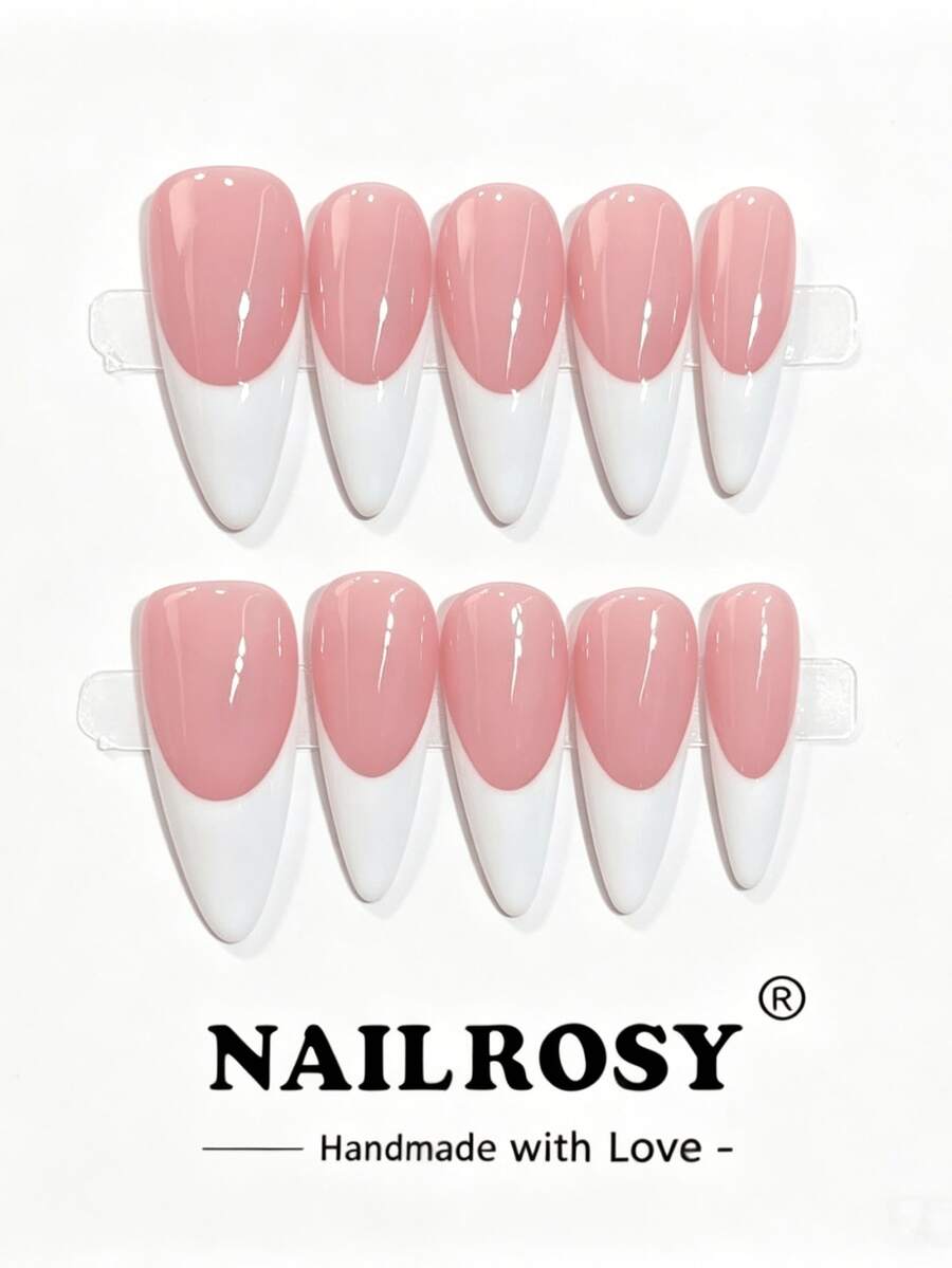nailrosy 10片手工穿戴式假指甲 中長杏仁形 裸色白色法式邊 亮面 經典簡約優雅 日常美甲