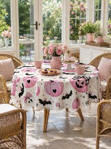 1 pieza Mantel de Halloween rosa claro, estampado de lazo femenino, fantasma, murciélago negro y calabaza rosa con borde ondulado, decoración linda y espeluznante para fiesta de Halloween, hogar, cocina y comedor - Multicolor - Ver 10