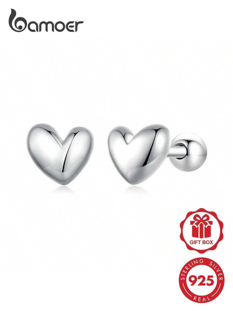 bamoer 1 Pair 925 Sterling Silver Cute Heart Stud Earrings, Heart-Shaped Design, Low Allergy CZ Inlaid, Engagement Gift For Women, Exquisite Jewelry Gift