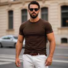 American Ribbed Fitted T-Shirt, Gringa Style, Slim Fit, Casual, Premium Men's Spring/Summer - Rust Brown - View 5