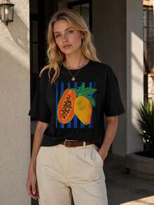 2026 Summer Women Round Neck Tee, Watercolor Papaya Mango Print, Soft Breathable Casual Top Daily Vacation, Free Shipping Ship In 24H. - 黑色 - 查看 12