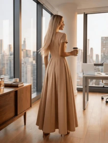 Long Dress With Short Sleeves, Square Neckline, Solid Color, Elegant, Sizes S M L - 卡其色 - 查看 3