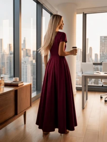 Long Dress With Short Sleeves, Square Neckline, Solid Color, Elegant, Sizes S M L - 酒紅色 - 查看 3