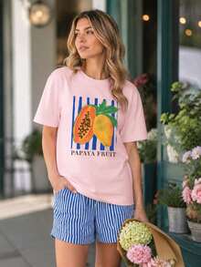 2026 Summer Women Round Neck Tee, Watercolor Papaya Mango Print, Soft Breathable Casual Top Daily Vacation, Free Shipping Ship In 24H. - 粉色 - 查看 19