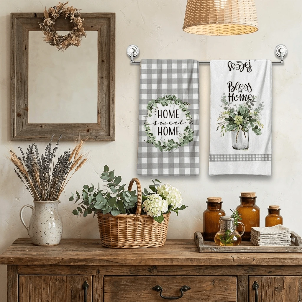 2/4/48pcs Eucalyptus Plant Pattern Printed Kitchen Towels - Super Soft, Highly Absorbent Polyester Dish And Hand Towels, Perfect For Holiday Decor, Kitchen Decor, Party Decor.
