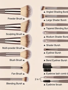 Set de 15 piezas de brochas de maquillaje con mango dorado champán, cerdas sintéticas suaves para polvo, rubor, base, contorno, sombra de ojos, difuminado y cejas, kit completo de maquillaje facial, herramienta de belleza profesional para maquillaje diario y de salón - Multicolor - Ver 6