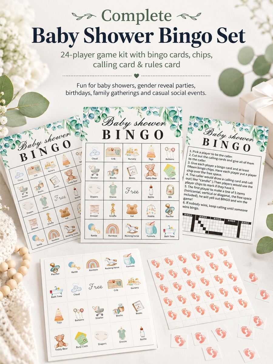 Juego de Bingo para Baby Shower Verde Salvia 33 Piezas, 24 Tarjetas de Bingo, 7 Fichas, 1 Tarjeta de Presentación, Tarjeta de Reglas del Juego, Juego Interactivo Divertido para Adultos y Amigos, Neutro de Género, Cumpleaños, Reunión Familiar, Suministros para Fiesta de Baby Shower, Recuerdos de Fiesta, Decoración para Fiesta de Revelación de Género - Verde - View 1
