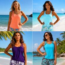 Women's Casual Scoop Neck Tankini Top With Mesh Detail And Floral Print Shorts For Summer Beach Outfits  Summer Outfits For Woman Tankinis - 查看 2