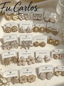 Juego de 24 piezas de pendientes de acero inoxidable blanco, pendientes asimétricos con diseños geométricos de flores y corazones para mujeres, joyería de moda para vacaciones de verano en la playa - Multicolor - Ver 2