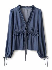 Áo blouse xếp ly thắt nơ bèo nhún màu trơn cho văn phòng, hẹn hò, tiệc độc thân, tiệc trà - Rửa trung bình - Xem 5