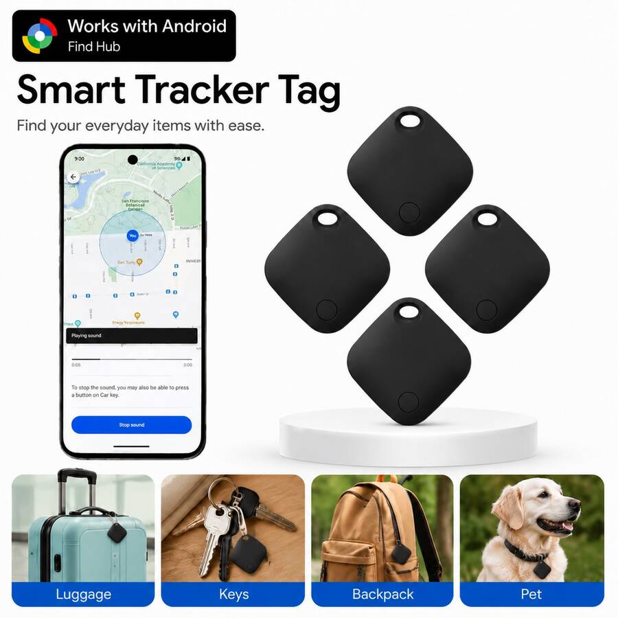 RSH 4pcs Smart Tags For Android, Compatible With Android Find Hub APP (Android System Only, System Requirements 9+), Smart Tracker Wireless Anti-Lost Item Locator, Suitable For Keys, Wallet, Backpack, Tablet