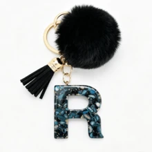 1pc Black Shell Slice Shiny Letter Keychain (A-Z) - Shell Stone Resin Letter Pendant With Pop Pom Pom, Leather Tassel, Fashionable Key Ring, Suitable For Bags/Cars, Cute Gift For Women And Mothers - Multicolor - View 18