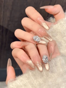 10 piezas de uñas postizas ovaladas/stiletto hechas a mano, Y2K, vacaciones de verano, temporada de graduación, otoño e invierno, adecuadas para niñas y mujeres, festivales, festival de música, uso diario, regalo del Día de San Valentín. - Dorado - Ver 5