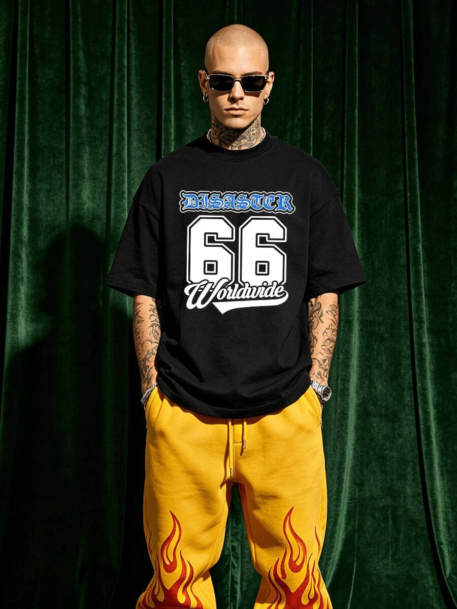 Men's Summer Casual Soft Round Neck Short Sleeve-Shirt,Disaster 66 Print Graphic Is Suitable Daily Wear. - Black - View 1