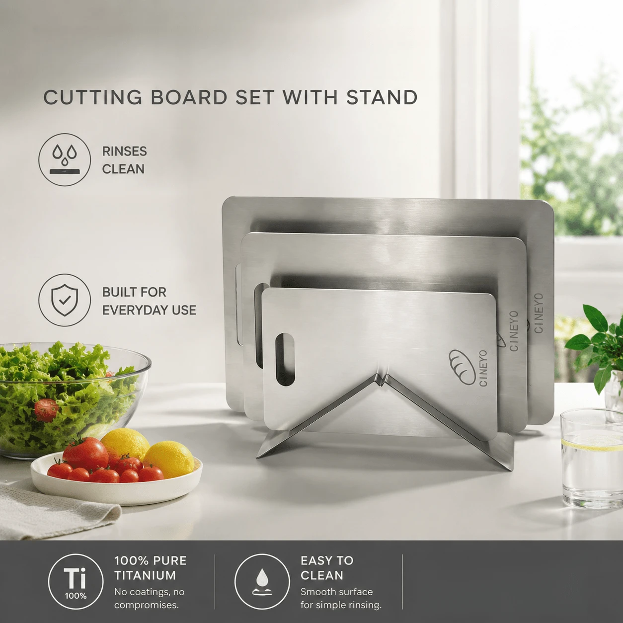 CINEYO Bộ 4 món (3 thớt kèm giá đỡ) thớt inox có giá đỡ tháo rời dễ lắp ráp, dùng cho nhà bếp, dùng được với máy rửa bát, phù hợp sơ chế nhiều loại nguyên liệu - 4 cái - Xem 1