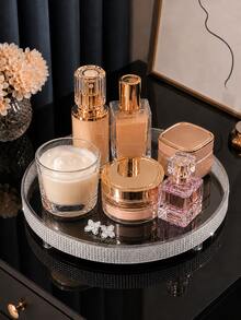 360° Rotating Full Rhinestone Mirror Cosmetic Tray, Luxury Perfume & Skincare Storage Display Plate, Bathroom Countertop/Vanity Decor - Multicolor - View 5