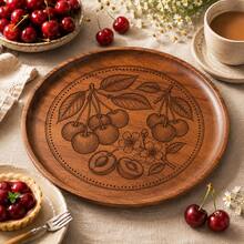 1pc Creative Walnut Wood Carved Cherry Flower Round Wooden Plate, Western Dinner Plate, Steak Plate, Candy Dish, Fruit Plate, Solid Wood Pizza Board Tray - Cherry - View 3