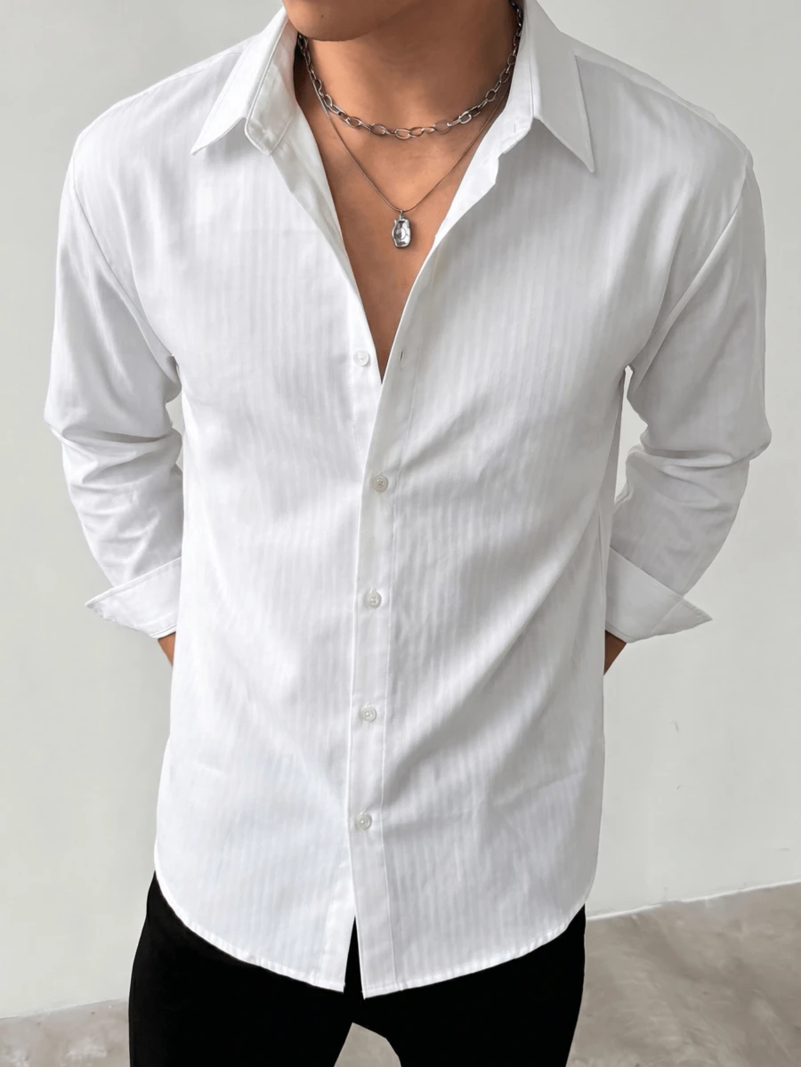 Men's Solid Color Single-Breasted Casual Versatile Comfortable Long Sleeve Shirt, Suitable For Daily Wear And Back To School - White - View 1