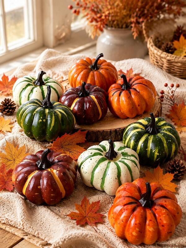 Künstliche Kürbisse Herbstdekoration, gemischte Farben Schaumstoff-Kürbisse Herbstdekoration, Thanksgiving Tisch-Mittelstück Dekoration künstliche Kürbisse, Kamin Schüssel, Ernte-Mittelstück Dekorationsset, Landhausstil, Hochzeitsparty