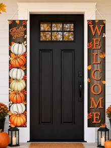 4pcs Autumn Porch Decor Hanging Flags, 70.8 Inch Welcome & Thank You Door Hanging Decor, Pumpkin Gnome Turkey Maple Leaf Buffalo Plaid Vertical Sign, Suitable For Front Door, Porch, Entryway, Yard, Farmhouse, Thanksgiving Autumn Harvest Party Decoration - Multicolor - View 3