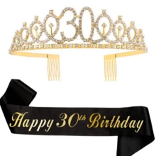 2件組女性生日披帶與皇冠，Happy 16th 18th 21th 30th 40th 50th 60th 70th 80th 生日緞帶，精美女性生日禮物，金色生日派對裝飾用品 - 金色 - 查看 4