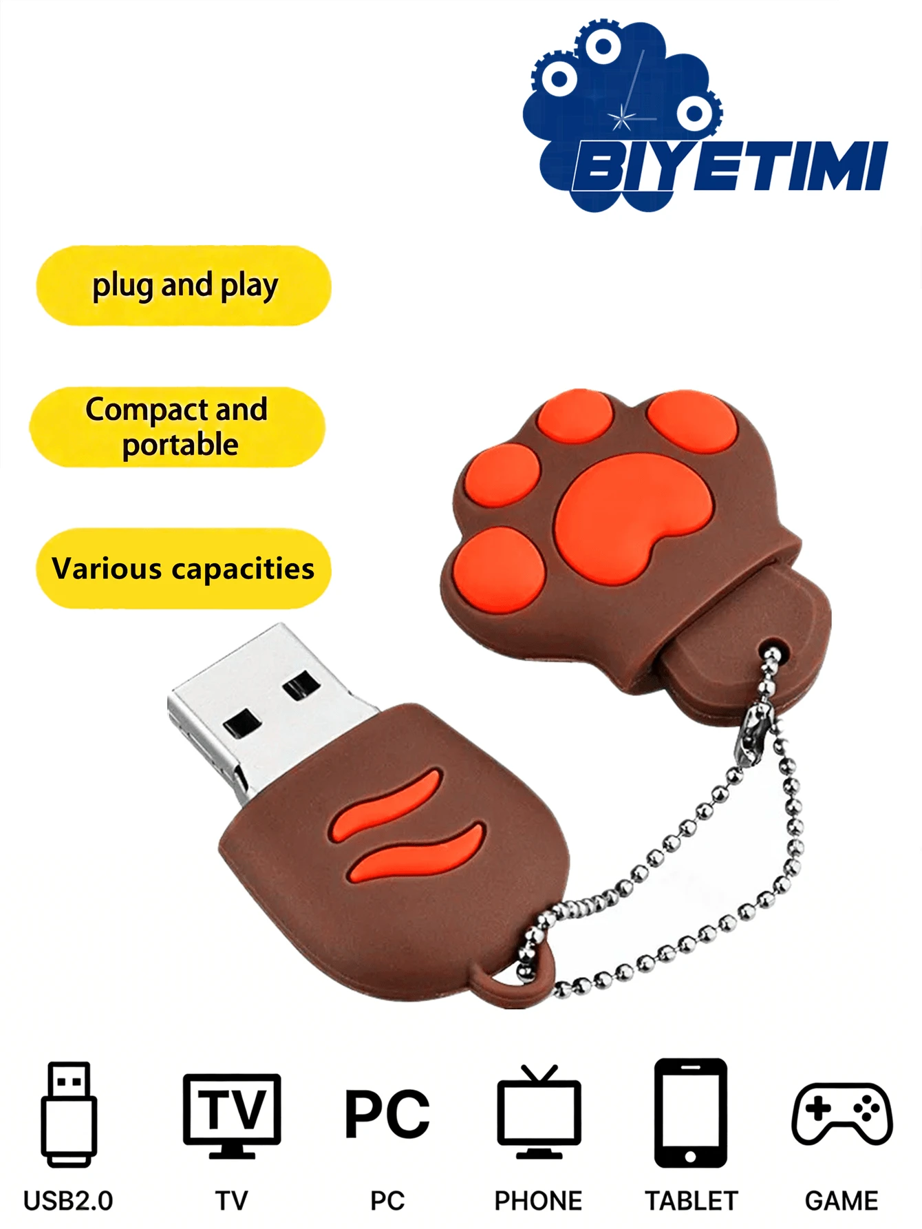 Biyetimi 64GB Flash Drive USB Bergambar Cakar Kucing Kartun Hitam, Gantungan Kunci Gratis, Hadiah Kreatif untuk Anak-Anak, Flash Drive USB 128GB 32GB - Coklat - View 1