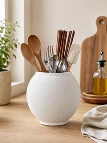 Textured Kitchen Counter Utensil Holder, White Flatware Organizer For Forks Spoons Chopsticks, Dining Table Cutlery Caddy, Cream Farmhouse Kitchen Decor, Apartment Dorm Coffee Bar Storage, Summer Home Gift - Multicolor - View 1