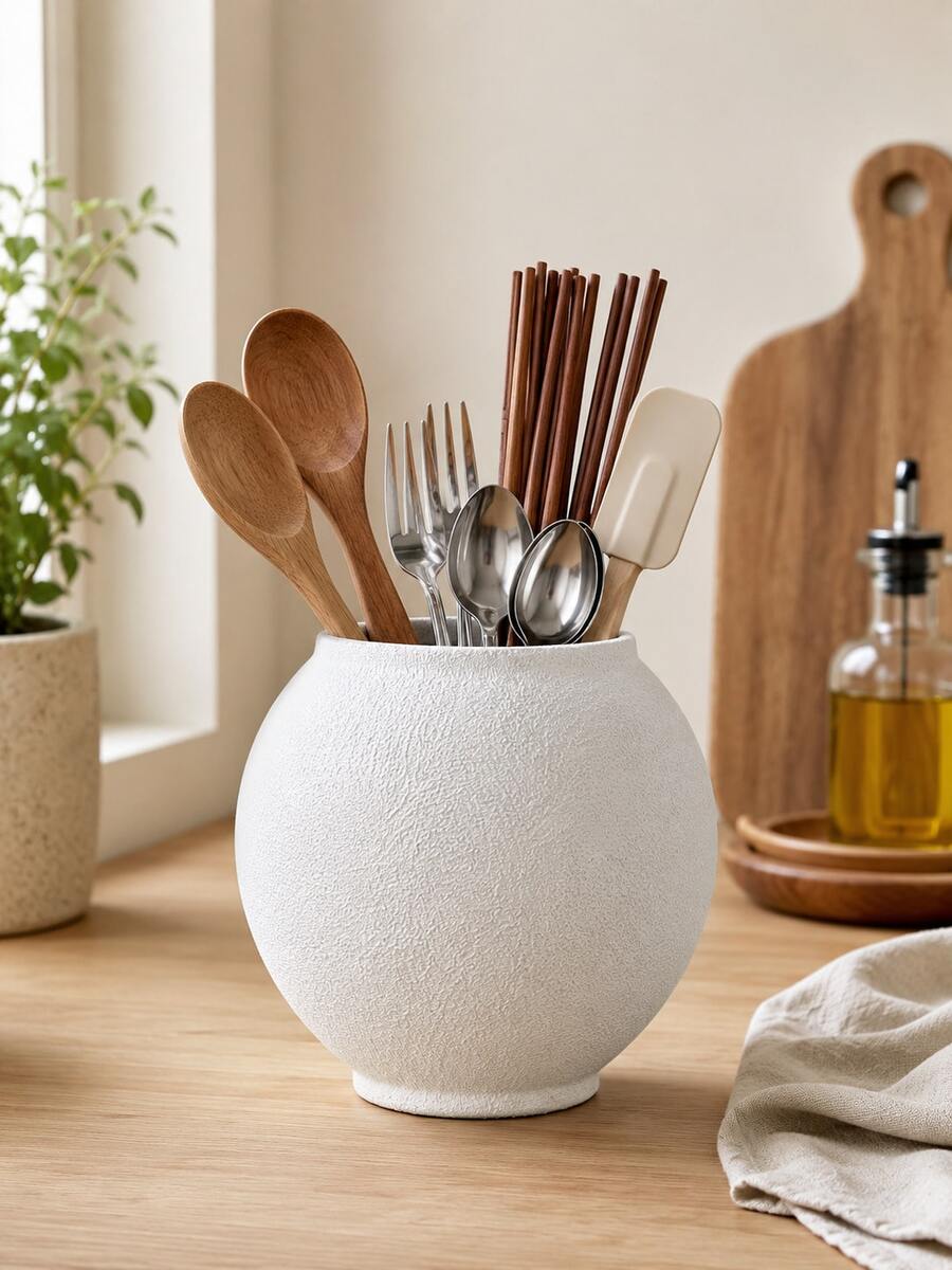 Textured Kitchen Counter Utensil Holder, White Flatware Organizer For Forks Spoons Chopsticks, Dining Table Cutlery Caddy, Cream Farmhouse Kitchen Decor, Apartment Dorm Coffee Bar Storage, Summer Home Gift - Multicolor - View 1