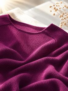 Plus Size Women Soft Round Neck Sweater, Retro Fresh, Casual For Spring, Suitable For Spring/Autumn/Winter, Solid Color Knitted Fabric, No Plus Size Women Sweater For Holiday Spring Autumn - Purple - View 4