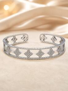 1pc Elegant Double-Layer Zirconia Embellished Rhombus Four-Petal Flower Open Bangle Bracelet For Women, Versatile Fashion Accessory For Party And Gathering - Bracelet - View 3