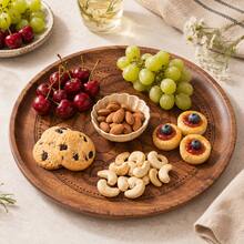 1pc Creative Walnut Wood Carved Cherry Flower Round Wooden Plate, Western Dinner Plate, Steak Plate, Candy Dish, Fruit Plate, Solid Wood Pizza Board Tray - Cherry - View 5