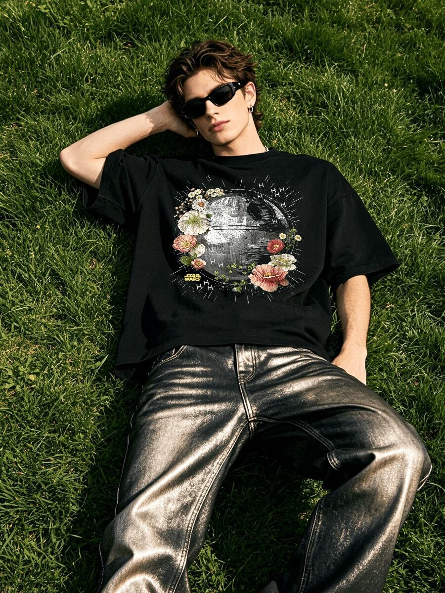 Herren Sommer Lässig Weich Rundhals Kurzarm-Shirt,Blumen-Todeskunst-Muster Grafik ist für den täglichen Gebrauch geeignet. - Schwarz - Übersicht 1