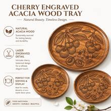 1pc Creative Walnut Wood Carved Cherry Flower Round Wooden Plate, Western Dinner Plate, Steak Plate, Candy Dish, Fruit Plate, Solid Wood Pizza Board Tray - Cherry - View 9
