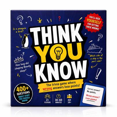 Juego de Cartas de Trivia Divertida "Think You Know" para Mayores de 14 Años con 110 Cartas y talla grande de 400 Preguntas, Acertijo de Conocimientos Cotidianos, Desafío de Pensamiento Rápido para Fiestas, Respuestas Incorrectas Pierden Puntos, Juego de Viaje