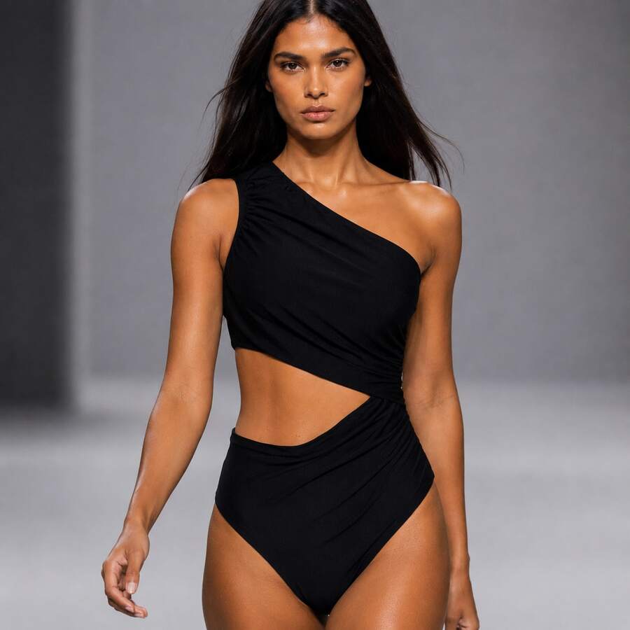 Elegant Women's Swimsuit With Ruching, Cutouts, And Ruffles For Vacations And The Beach. - Negro - Ver 1