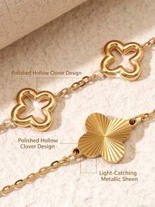 VceTd 3/4 piezas Elegante conjunto de joyería de acero inoxidable con decoración de trébol para mujeres, adecuado para uso diario o como regalo - Amarillo Oro - Ver 8