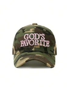 1 pezzo Cappellino da baseball da ragazza con ricamo "God's Favorite", mimetico con schizzi di inchiostro giungla, motivi stampati casuali - A - Visualizzare 4