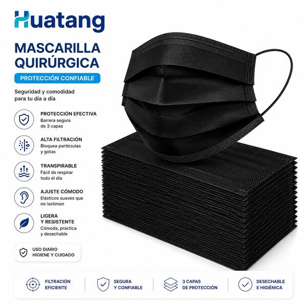 CUBREBOCAS COLOR NEGRO NEGRO DESECHABLES TRICAPA 50 PIEZAS