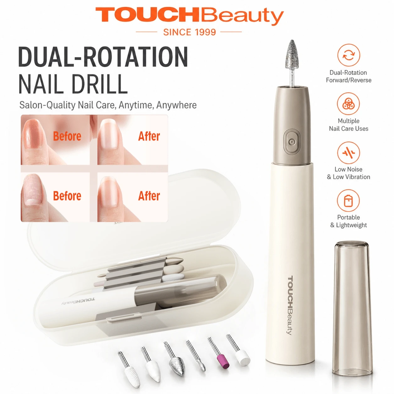 TOUCHBeauty Electric Dual Rotating Nail Drill: Professional Needle File Suitable For Acrylic Gel Nails, 6 Interchangeable Attachments - Salon Grade, Pocket-Sized Manicure And Pedicure Set With Storage Box - Suitable For Regular And Nail Art - Light Grey - View 1