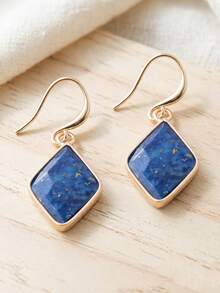 NeeFu WoFu 1pair Lapis Lazuli Gemstone Drop Earrings Women, Natural Stone Diamond Shape Dangle Jewelry, Minimalist Daily Wear Fashion Accessory, Ideal Gift Her - Stone - View 7