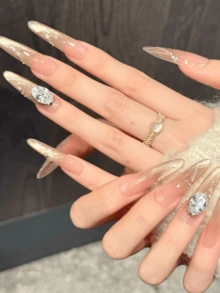 10 piezas de uñas postizas ovaladas/stiletto hechas a mano, Y2K, vacaciones de verano, temporada de graduación, otoño e invierno, adecuadas para niñas y mujeres, festivales, festival de música, uso diario, regalo del Día de San Valentín. - Dorado - Ver 3