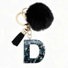 1pc Black Shell Slice Shiny Letter Keychain (A-Z) - Shell Stone Resin Letter Pendant With Pop Pom Pom, Leather Tassel, Fashionable Key Ring, Suitable For Bags/Cars, Cute Gift For Women And Mothers - Multicolor - View 35