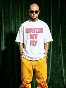 Herren Sommer Lässig Weiches Rundhals Kurzarm-Shirt, Rosa 3D aufgeblasene vertikale MATCH MY FLY fette Buchstaben Streetwear Text Muster Grafik ist geeignet - Weiss - Übersicht 1